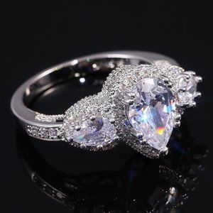 NEW Silver Teardrop Diamond Halo Wedding Ring